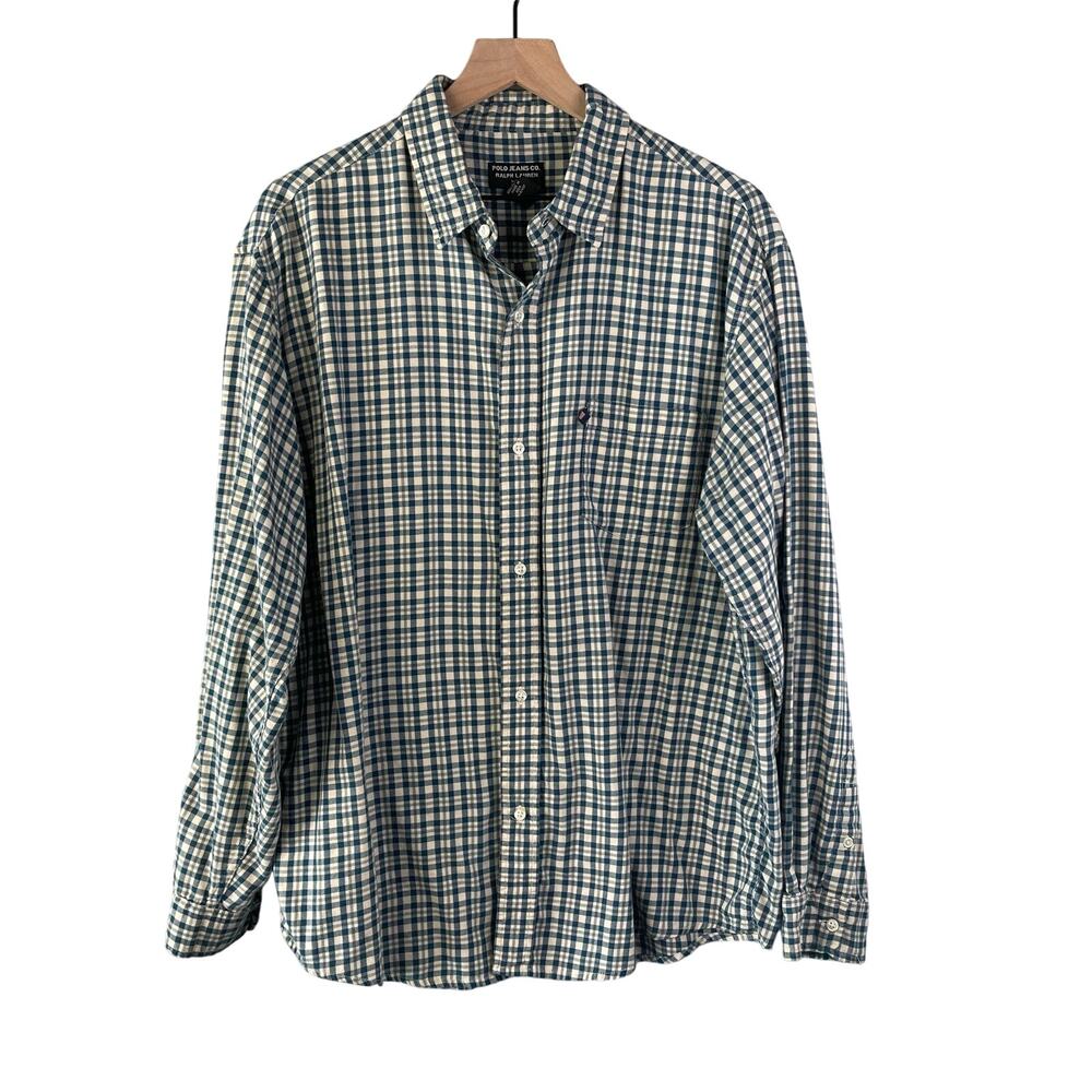 Vintage Polo Button-Up Men's Large Green and‎ Cream Relax Fit 100% Cotton